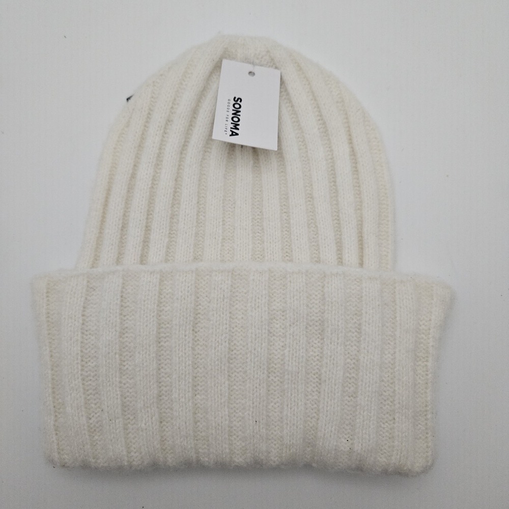 Sonoma Beanie Womens Polar White Ribbed Knit Cuffed Winter Hat New Hiking